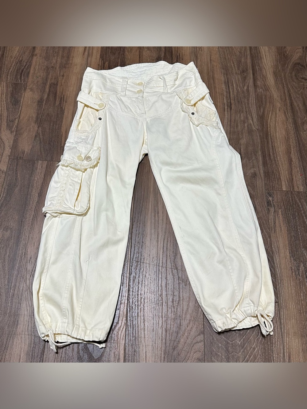 D.E.P.T. DEPT Women’s Cropped Trousers Pants Cream Cargo Embroidered Jogger XS